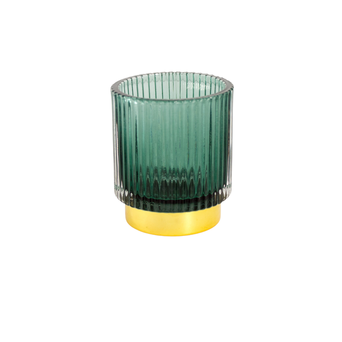GLASS CANDLE HOLDER GREEN 8X6CM