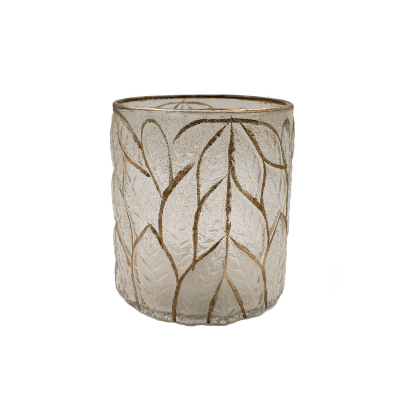 TEALIGHT LEAVES CLR/GLD GLASS 14X14X15CM