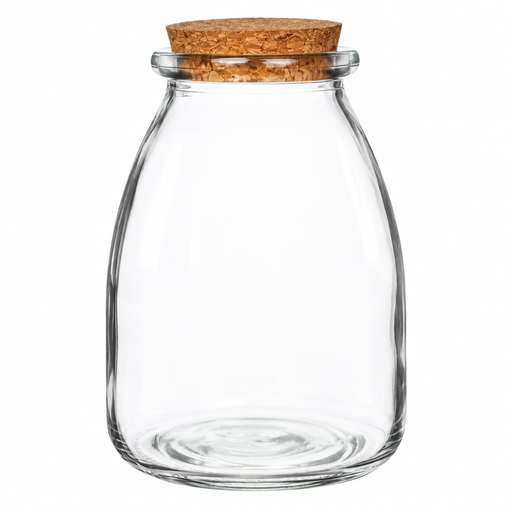 Clear rounded glass jar with cork stopper, square white background
