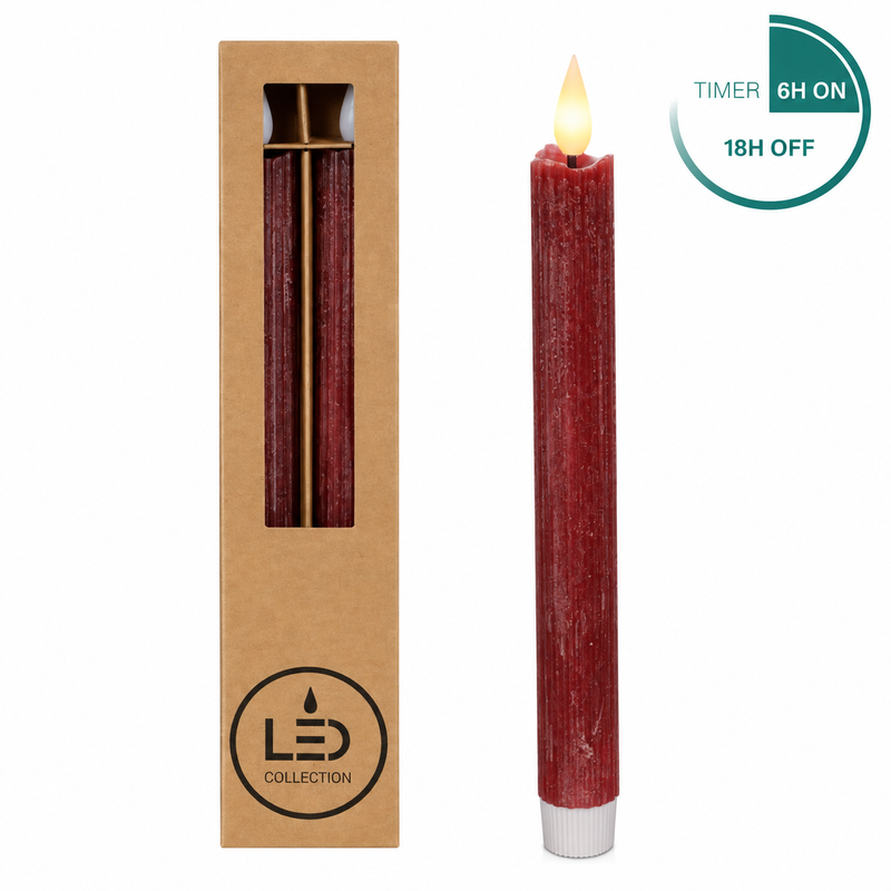 Burgundy LED taper candles with 6h timer set of two
