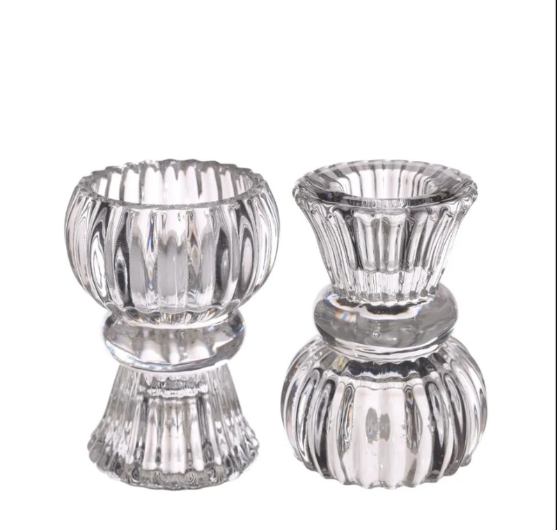 Clear ribbed glass candle holders, two designs shown