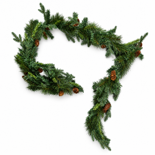 270 cm green Christmas garland with pine cones on white background