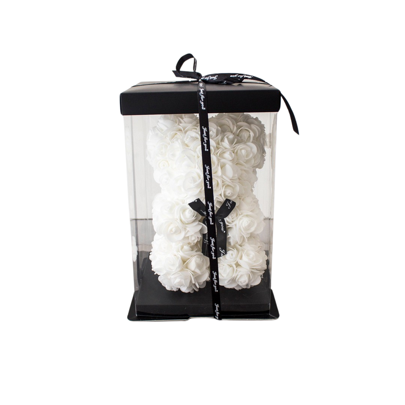 FOAM ROSE TEDDY BEAR 25CM WHITE