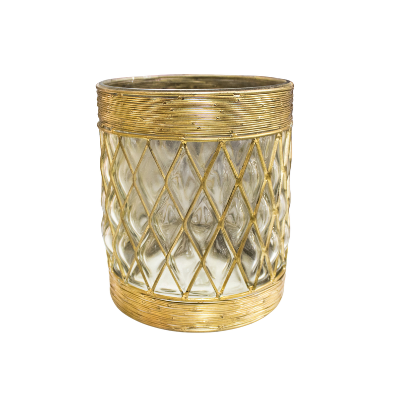 CANDLE HOLDER GLASS WIRED GOLD