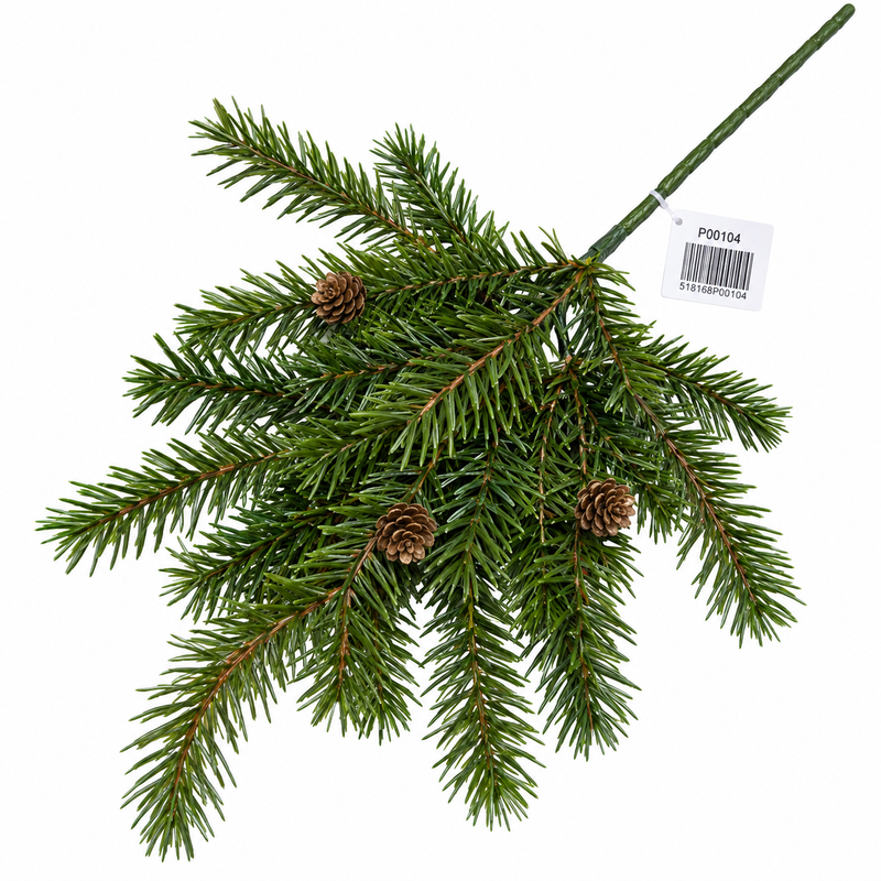 Green artificial pine spray with pinecones