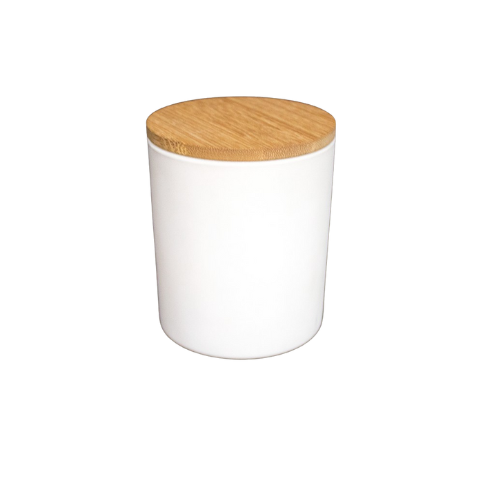 WHITE JAR WITH WOODEN COVER
