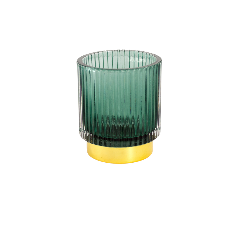 GLASS CANDLE HOLDER GREEN 8X6CM