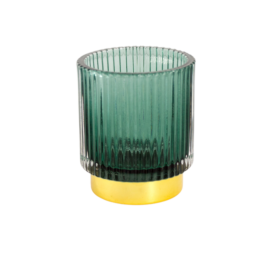 GLASS CANDLE HOLDER GREEN 13X7.5CM