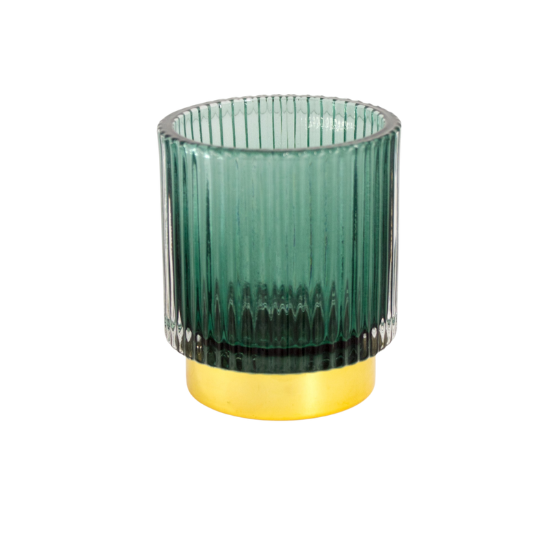 GLASS CANDLE HOLDER GREEN 13X7.5CM